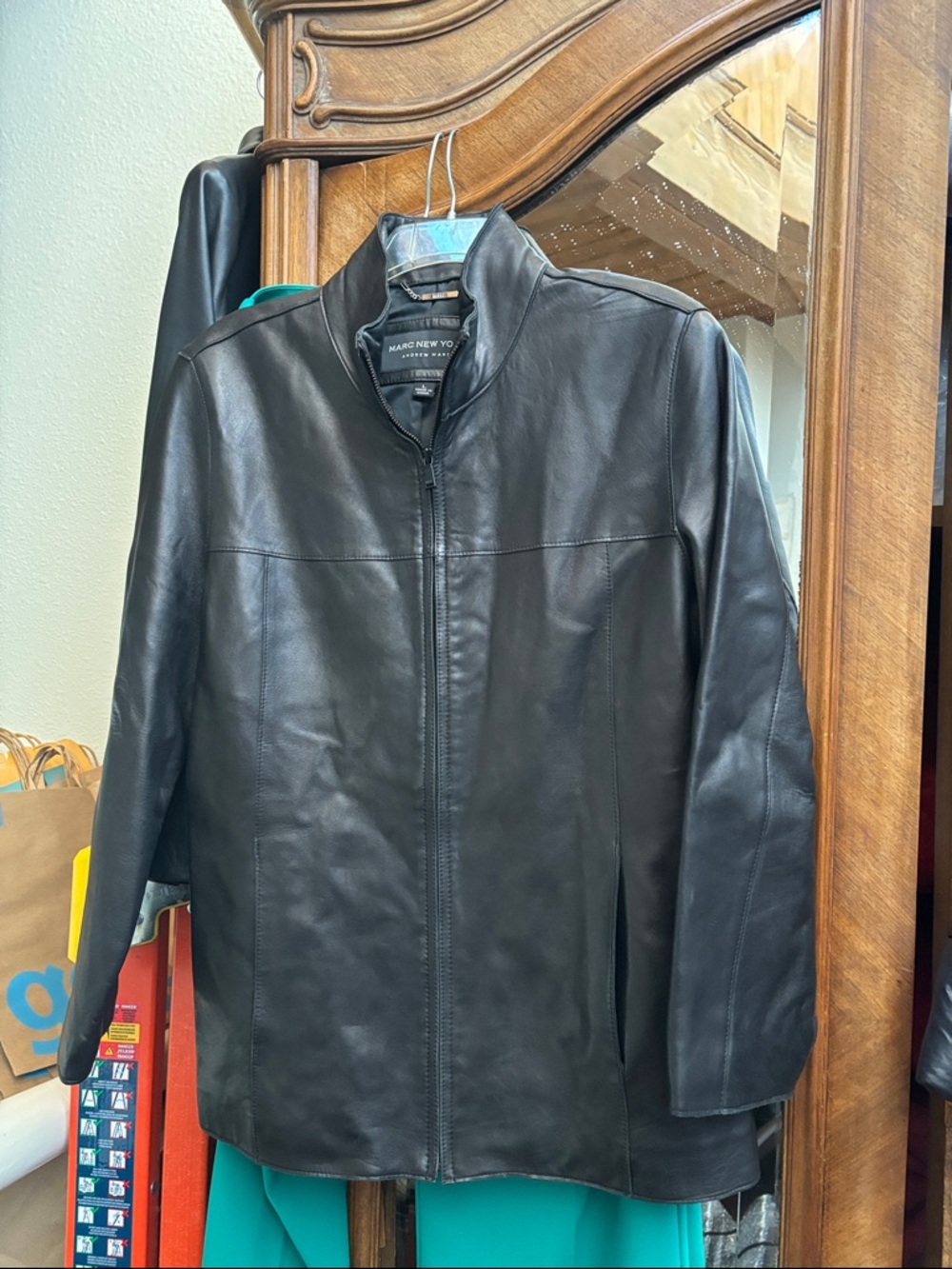 Marc New York Black Leather Zip-Front Bomber Jacket